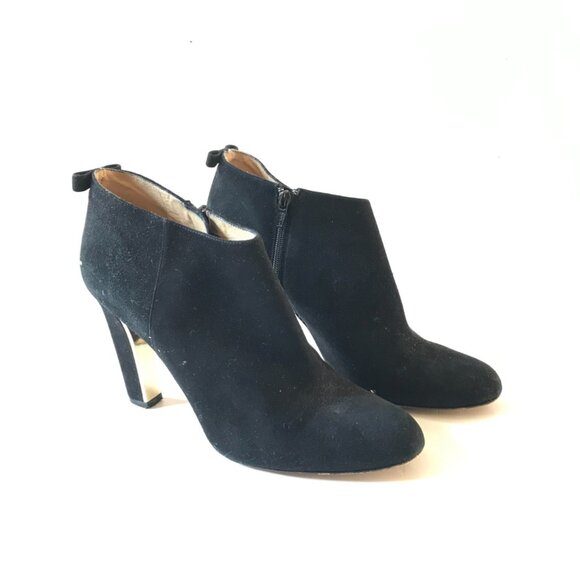 Kate Spade NY Suede Boots Booties Heels Womens 10 Black Side Zip Rear Gold Bow - Picture 3 of 10